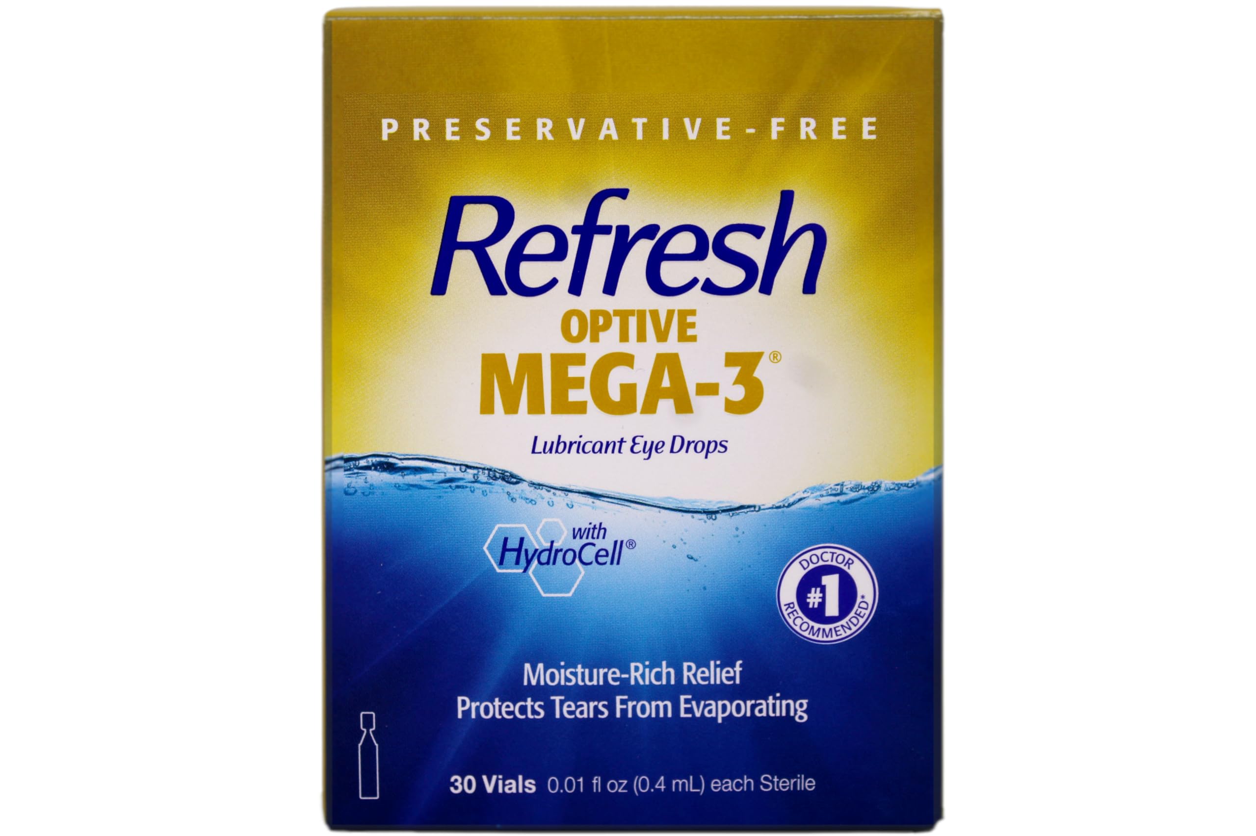 Refresh Optive Mega-3 vial monodosis en primer plano, portátil y estéril