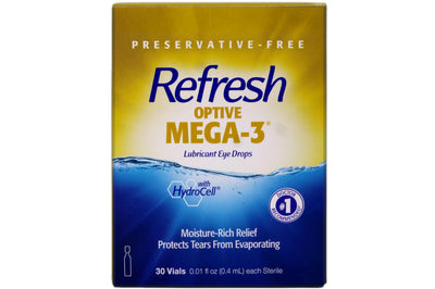 Refresh Optive Mega-3 vial monodosis en primer plano, portátil y estéril