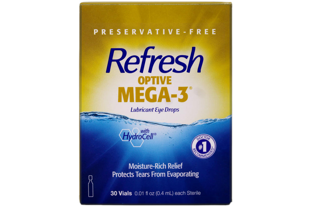 Refresh Optive Mega-3 vial monodosis en primer plano, portátil y estéril