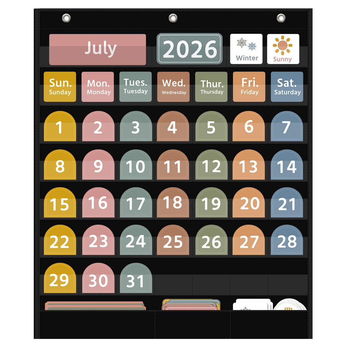 REGELETO calendario boho frontal mostrando bolsillos y tarjetas, facilita organización visual