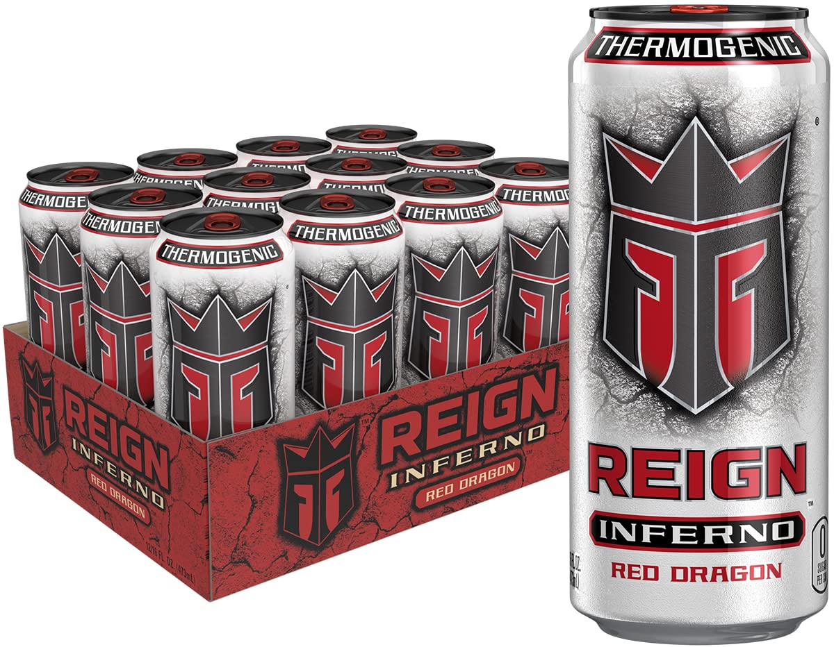 REIGN Inferno frontal lata mostrando etiqueta y beneficios energéticos