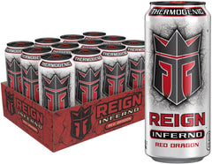REIGN Inferno frontal lata mostrando etiqueta y beneficios energéticos