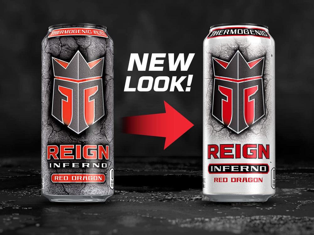 REIGN Inferno lata junto a una mancuerna para comparar tamaño práctico