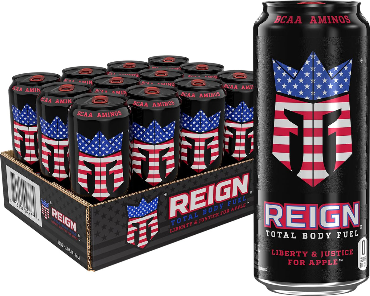 REIGN lata frontal edición Liberty & Justice for Apple con diseño patriótico y alto impacto