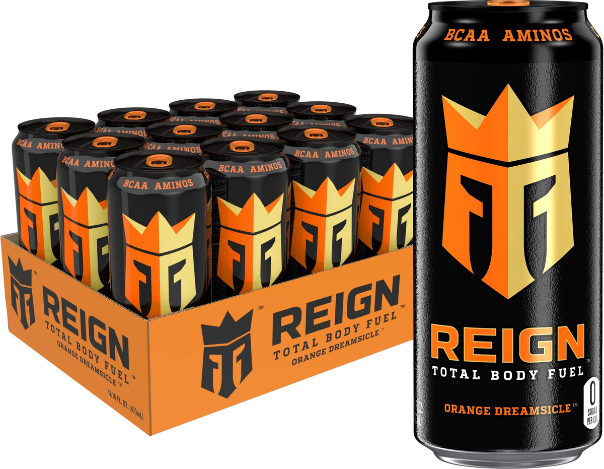 Reign lata Orange Dreamsicle frontal mostrando diseño y beneficio energizante