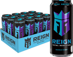 Reign lata frontal Razzle Berry mostrando diseño y beneficios visibles