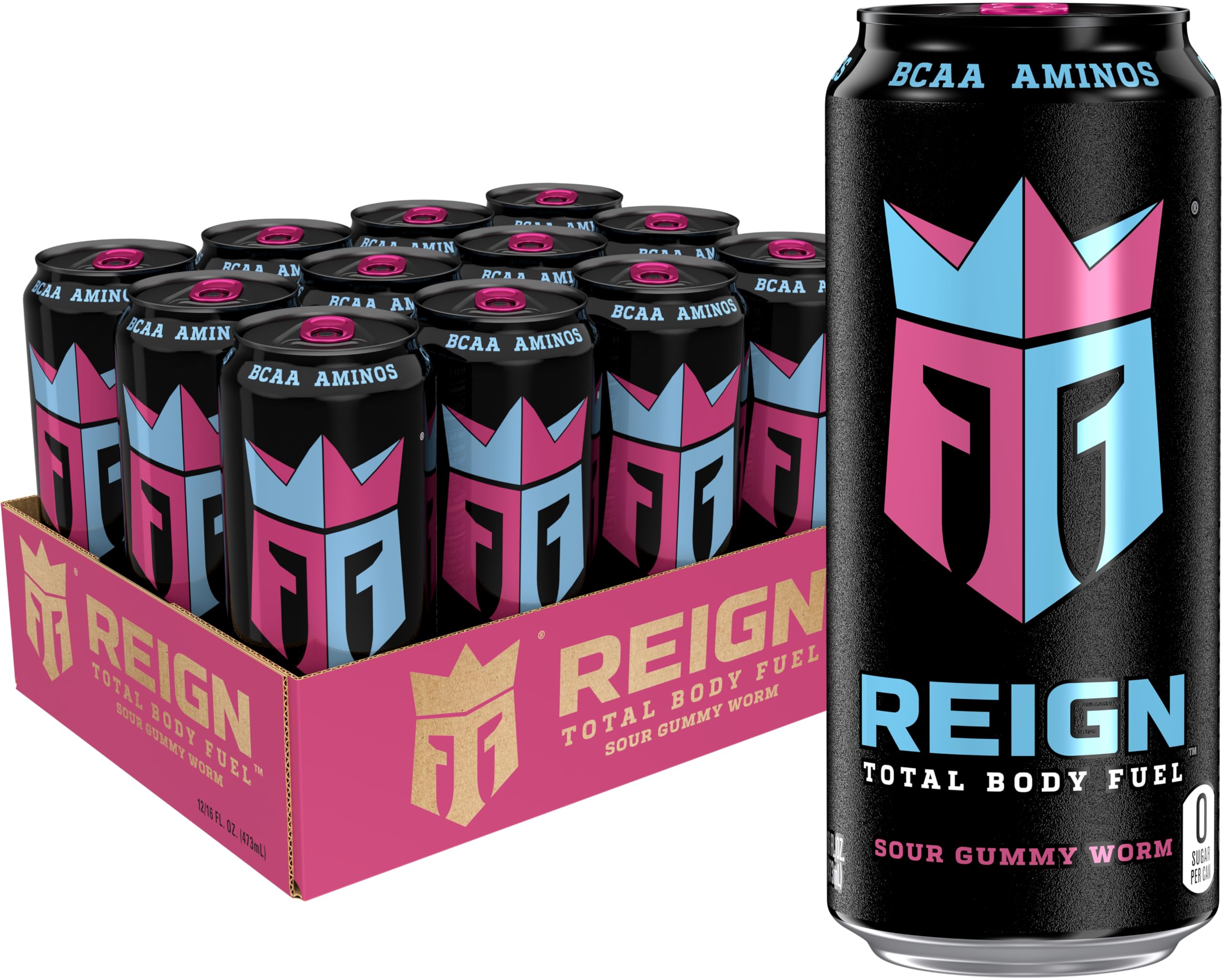 REIGN front can view showing Sour Gummy Worm label and bold branding benefit