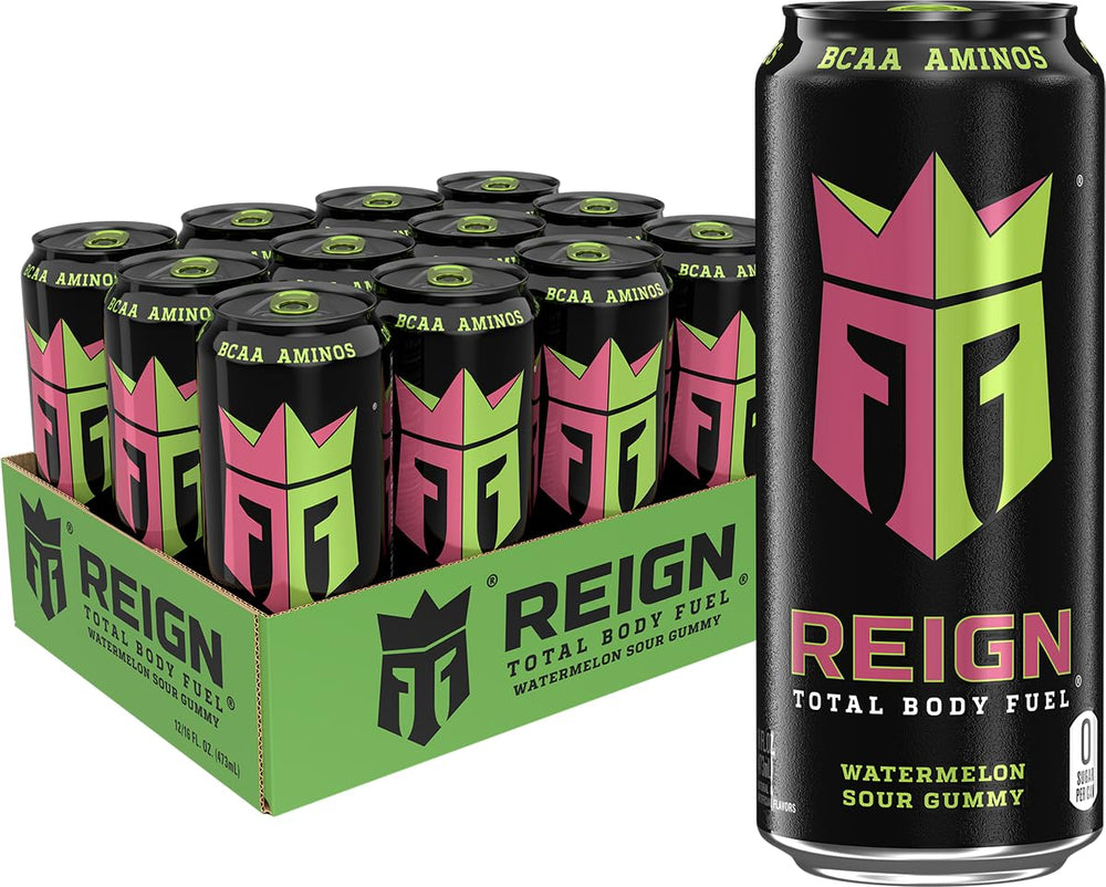 REIGN frente del envase pack de 16 fl oz mostrando sabor y marca, útil para identificar producto