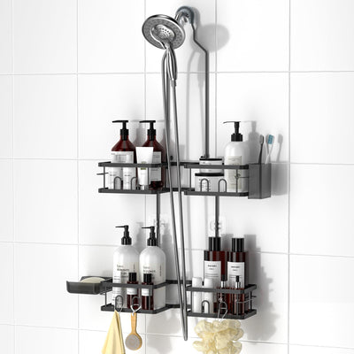 REINHARDT front view of black hanging shower caddy showing sleek organization and easy access