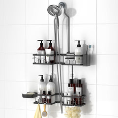 REINHARDT front view of black hanging shower caddy showing sleek organization and easy access