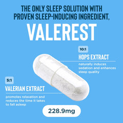 Relaxium primer plano de ingredientes y sello Valerest para sueño seguro