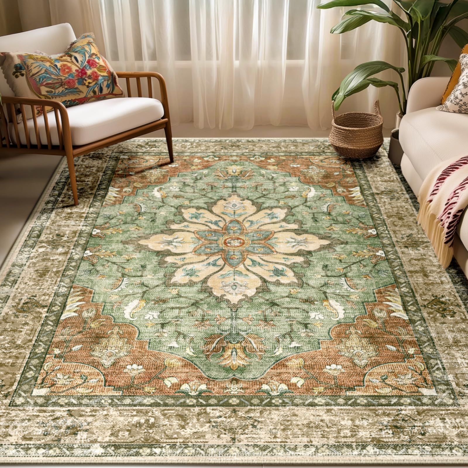 RELEANY vista frontal de la alfombra 5'x7' con diseño girasol vintage y colores ladrillo