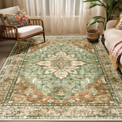 RELEANY vista frontal de la alfombra 5'x7' con diseño girasol vintage y colores ladrillo