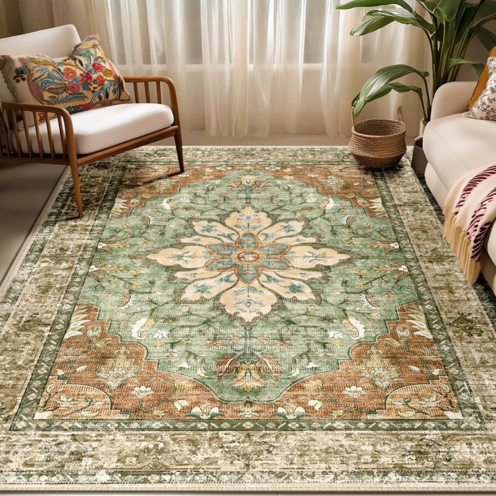 RELEANY vista frontal de la alfombra 5'x7' con diseño girasol vintage y colores ladrillo