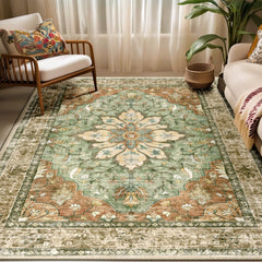 RELEANY vista frontal de la alfombra 5'x7' con diseño girasol vintage y colores ladrillo