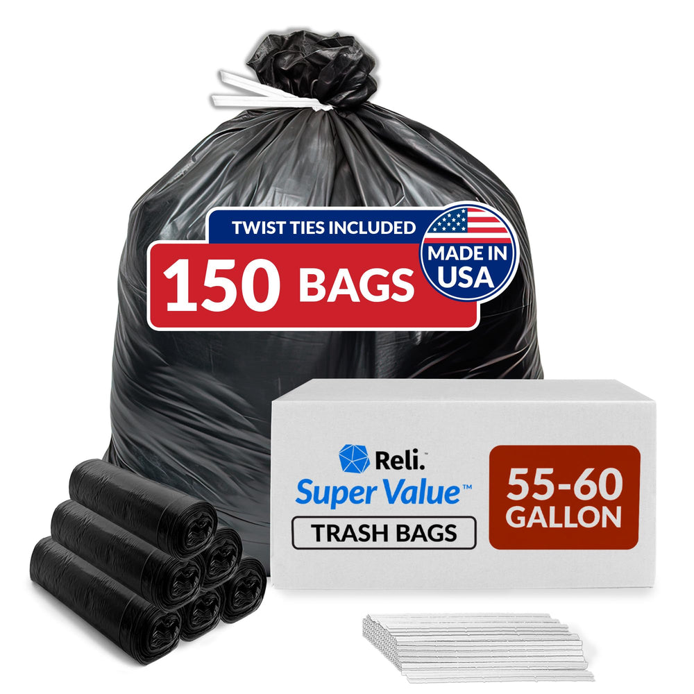 Reli. front pack view showing 150-count heavy duty trash bags and durability benefit