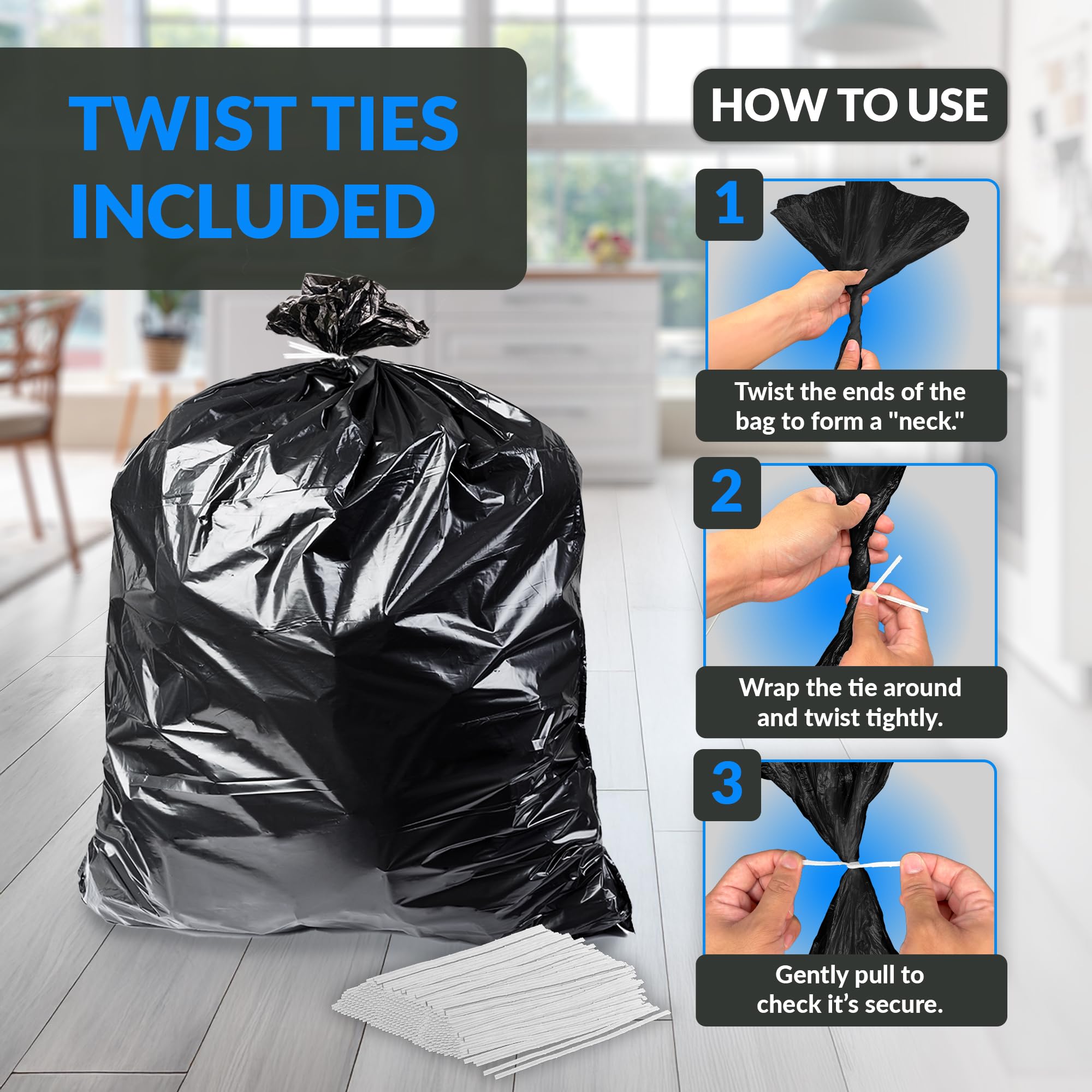 Reli. twist ties attached to bag top for quick closure and odor control benefit