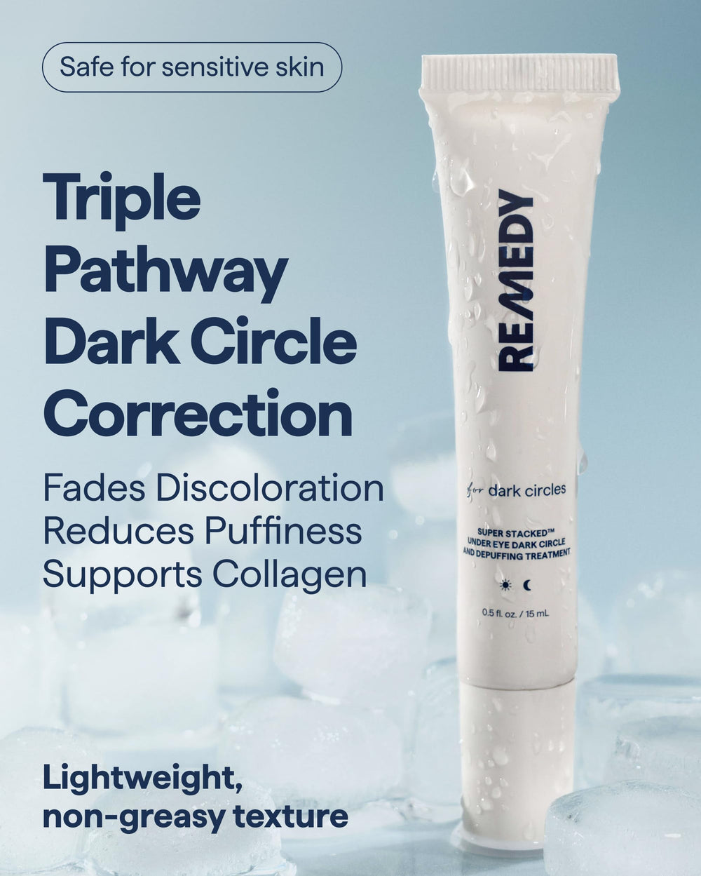 Remedy Science comparación de tamaño del envase junto a una mano para proporción