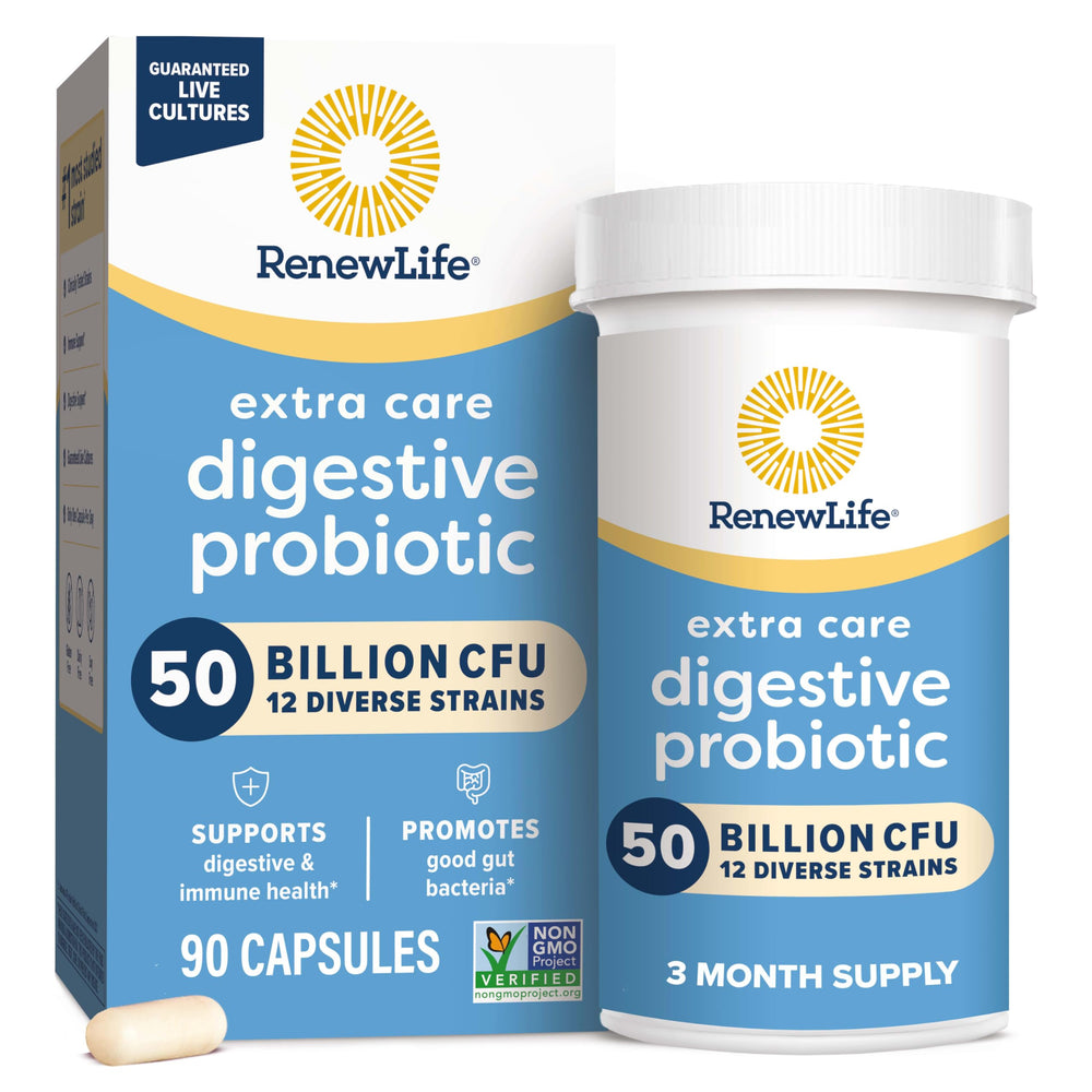 Renew Life bottle front view showing product and benefits