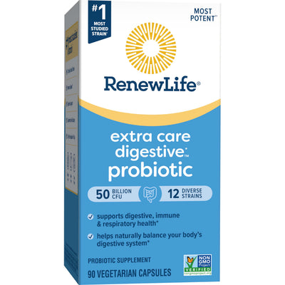Renew Life capsules on table illustrating 50 billion CFU strength
