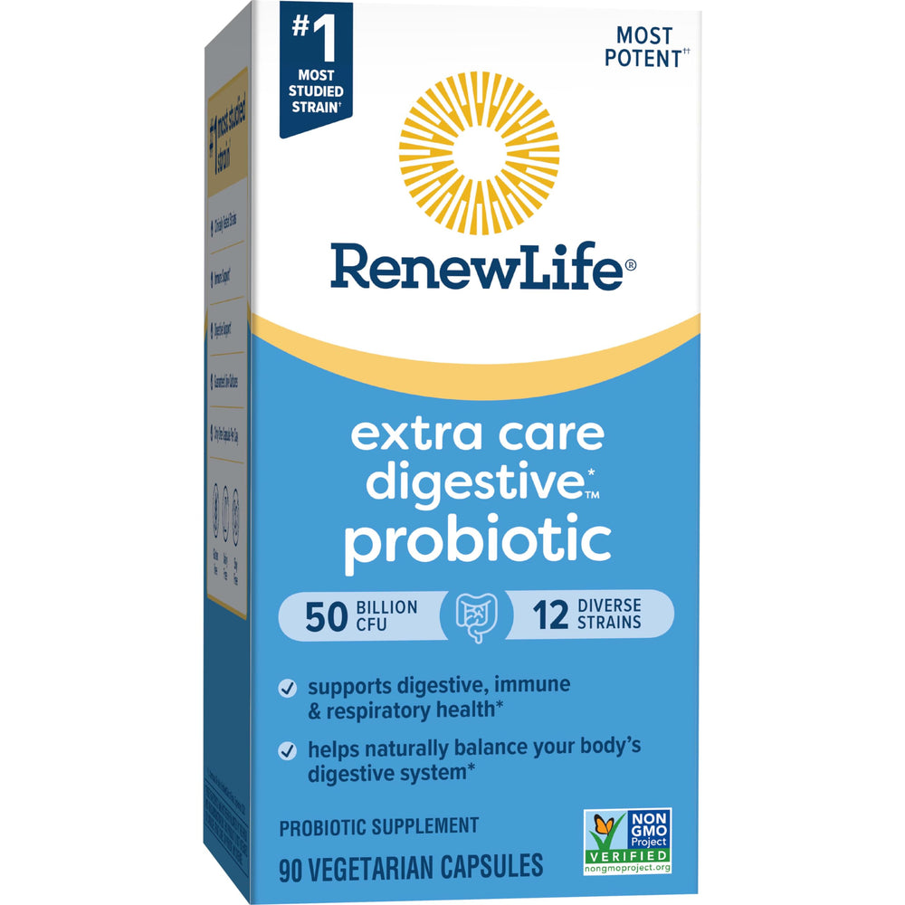Renew Life capsules on table illustrating 50 billion CFU strength