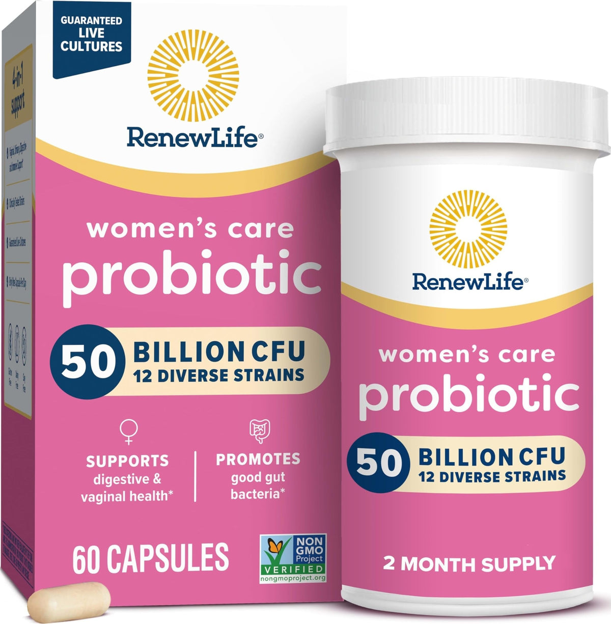 Renew Life frasco frontal de Women’s Care Probiotic mostrando etiqueta y cantidad
