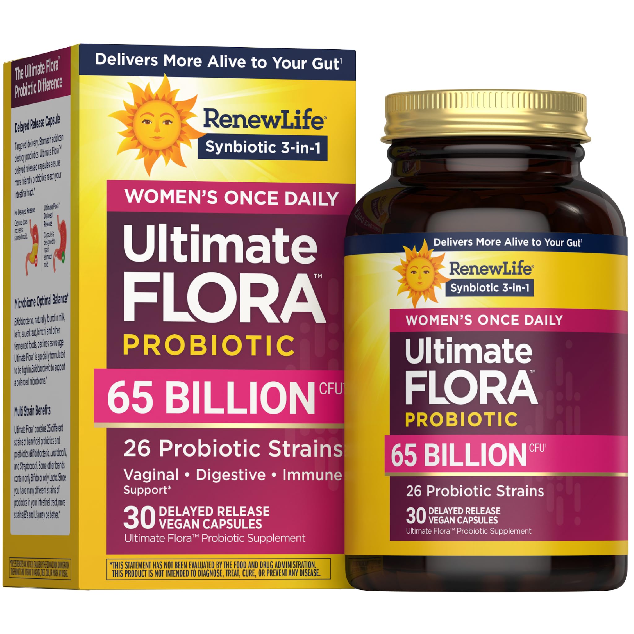 Renew Life envase frontal mostrando 65 mil millones UFC y enfoque de bienestar