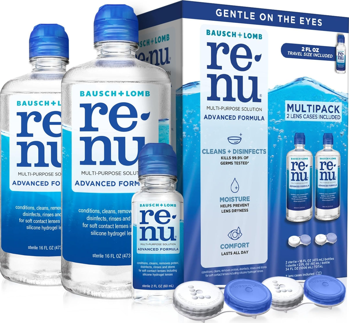 Renu front packaging showing 16oz 2-pack and included cases for convenience