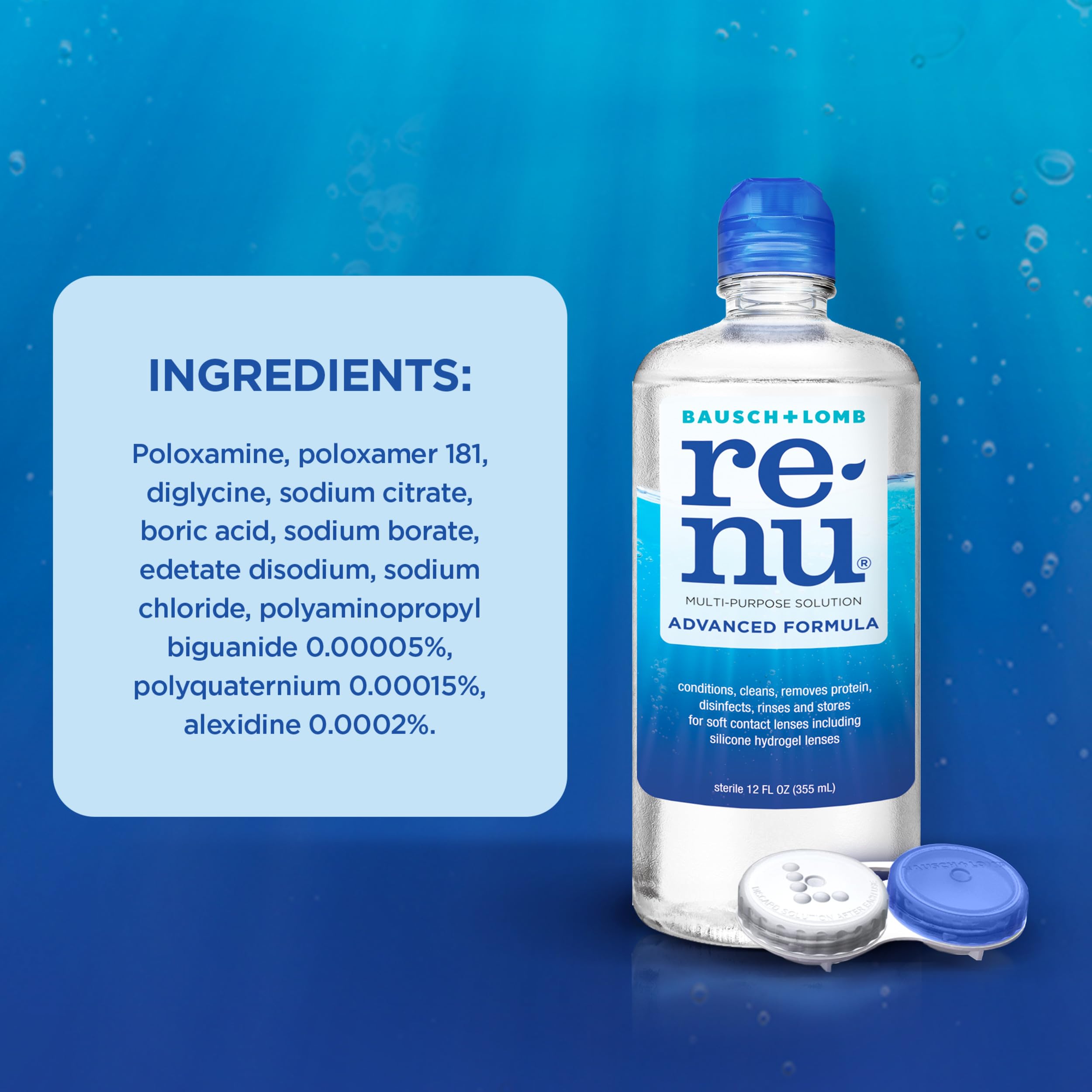 Renu bottle next to bedside lamp suggesting convenient nightly lens care