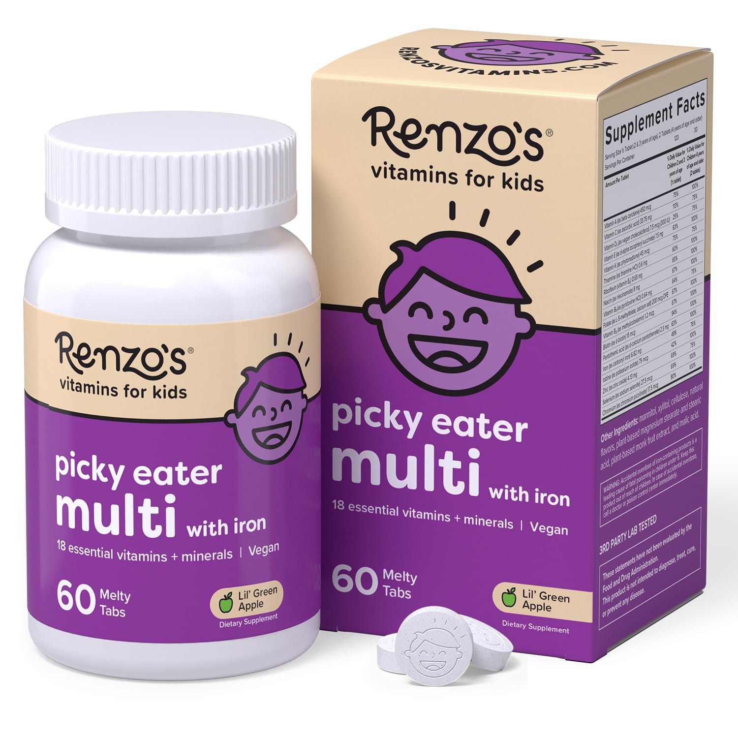 Renzo's frente del empaque mostrando 60 tabletas y beneficios clave