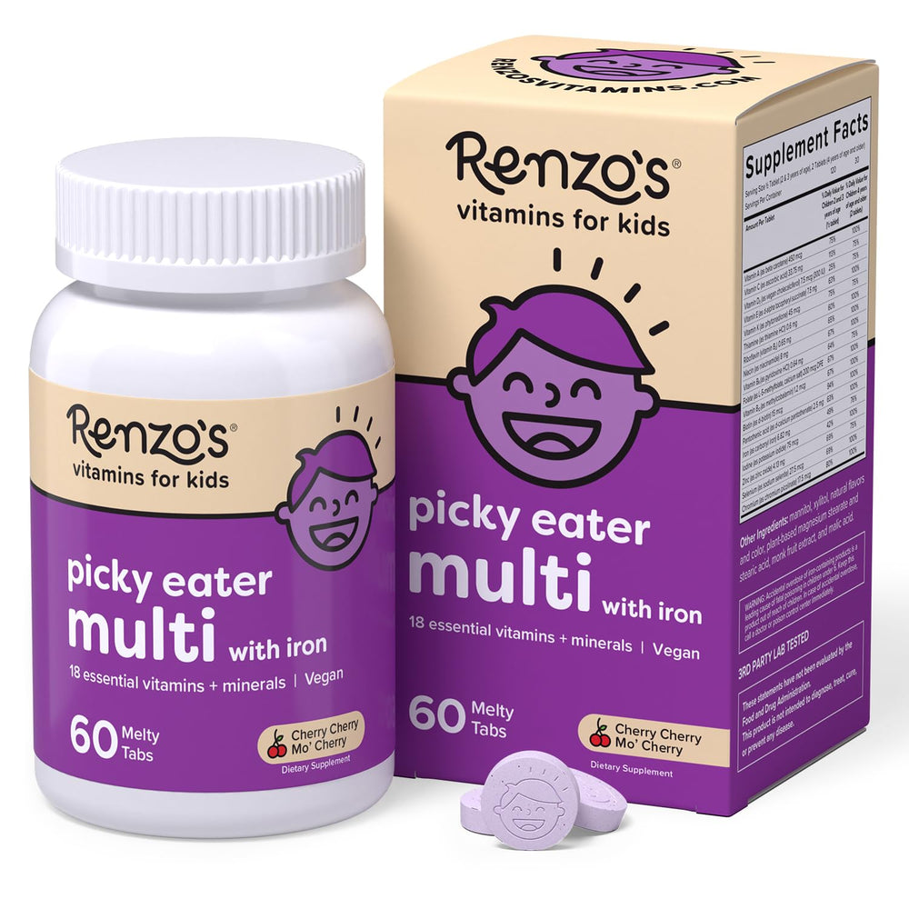 Renzo's front packaging bottle showing cherry melty tabs and benefits