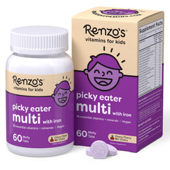 Renzo's front packaging bottle showing cherry melty tabs and benefits