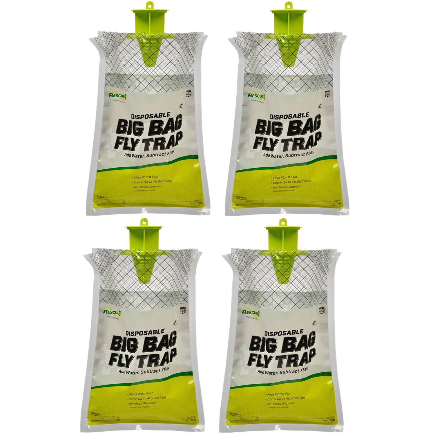 RESCUE! front packaging showing four disposable big bag fly traps and usage benefit