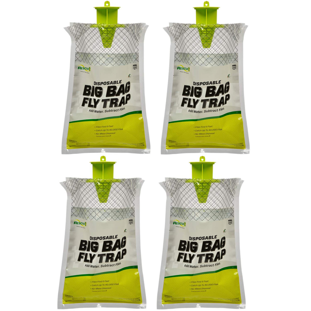 RESCUE! front packaging showing four disposable big bag fly traps and usage benefit