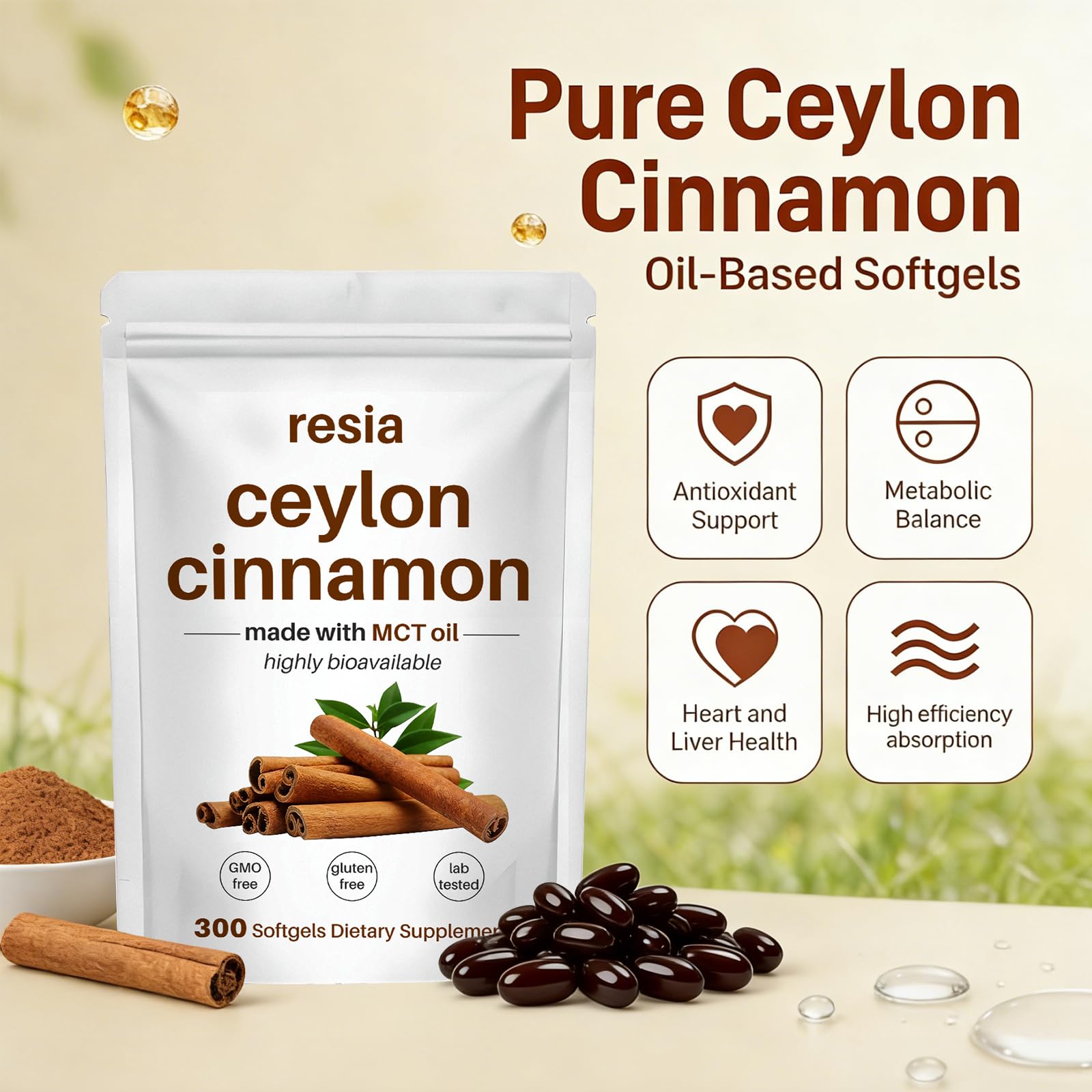 RESIA etiqueta de ingredientes que destaca Ceylán, sin GMO ni gluten