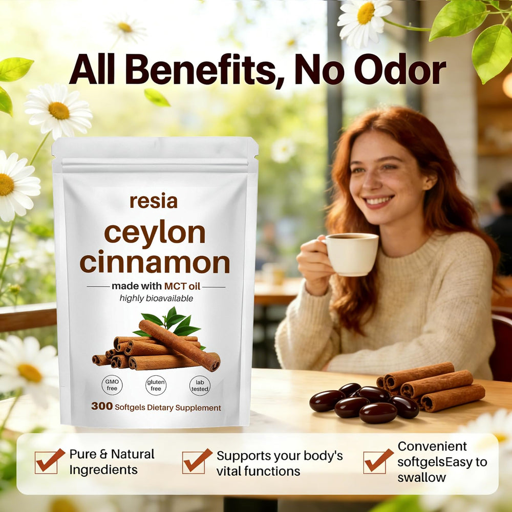 RESIA softgels esparcidos en bandeja mostrando formato y cantidad