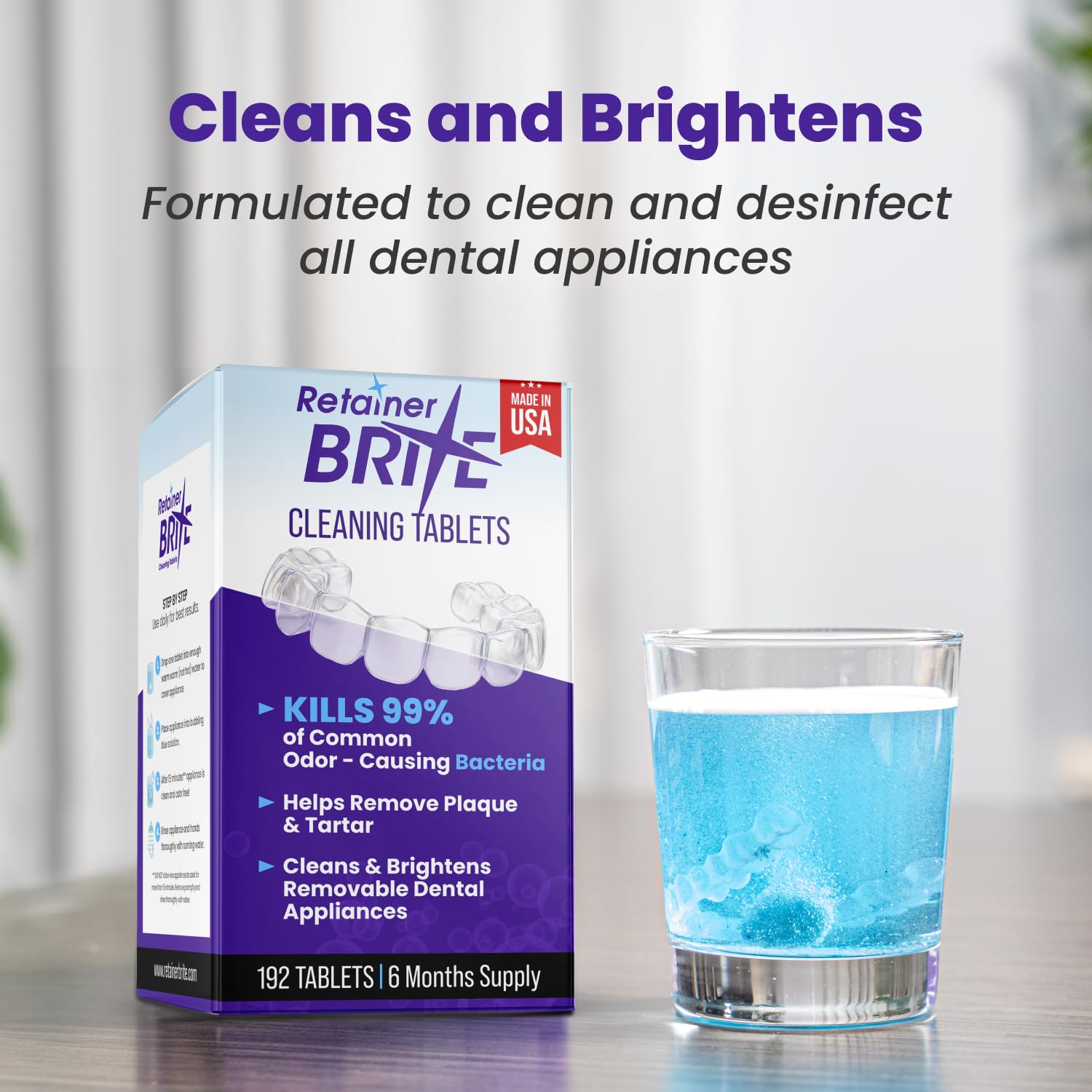Retainer Brite etiqueta con instrucciones, información clara y segura