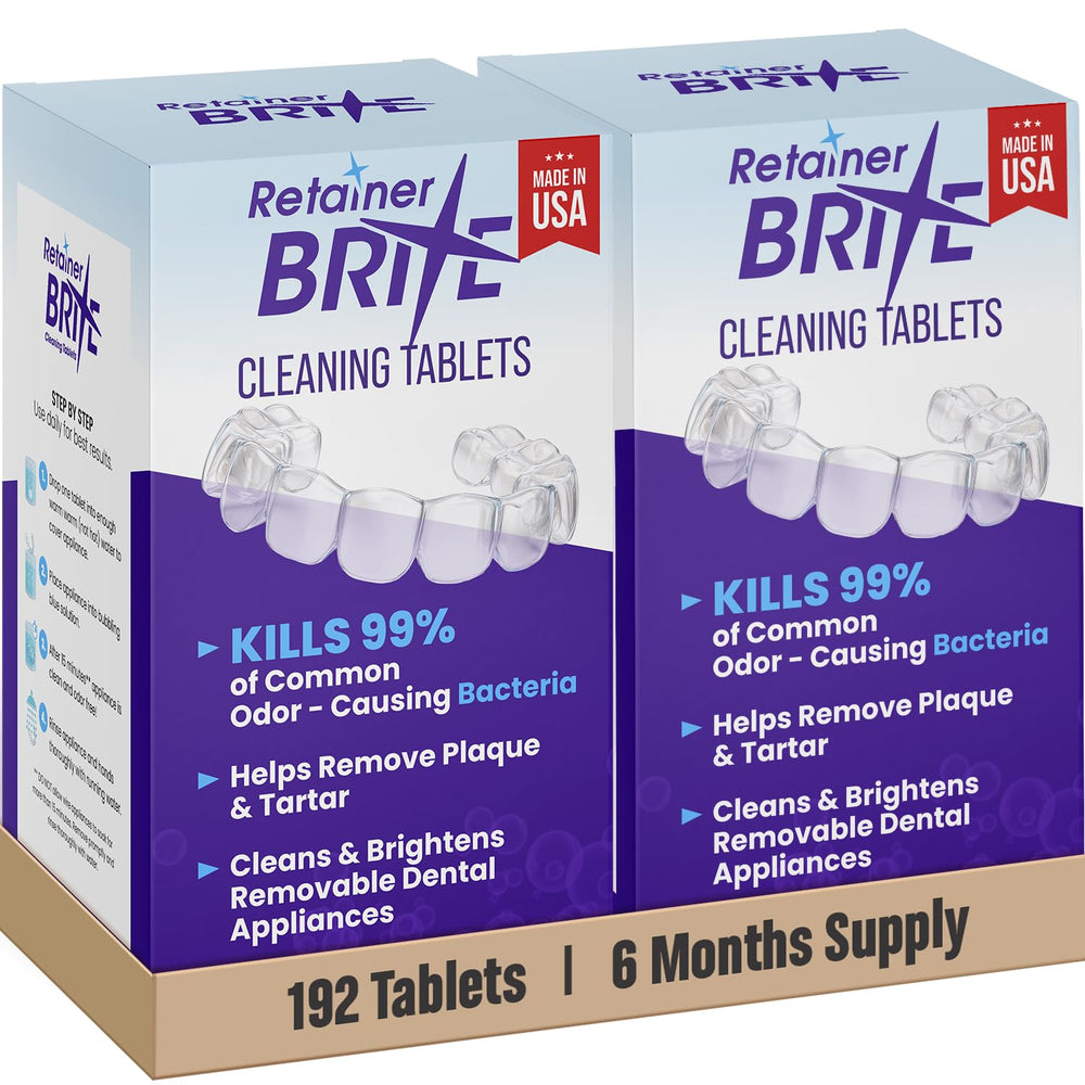 Retainer Brite caja frontal mostrando marca y cantidad, limpieza confiable