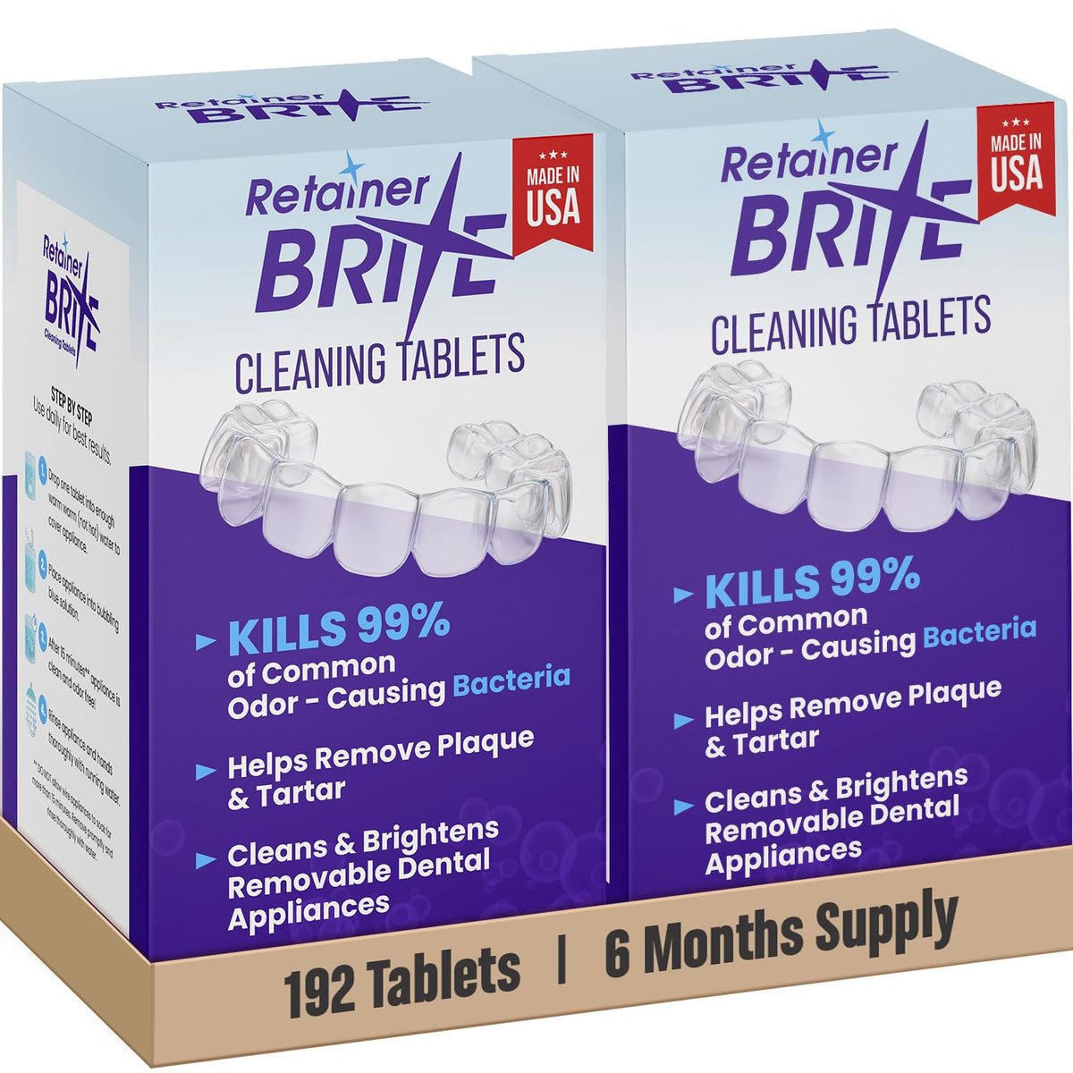 Retainer Brite caja frontal mostrando marca y cantidad, limpieza confiable