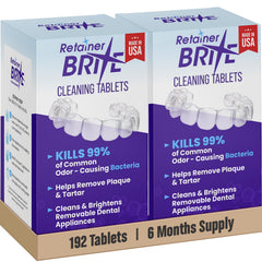 Retainer Brite caja frontal mostrando marca y cantidad, limpieza confiable