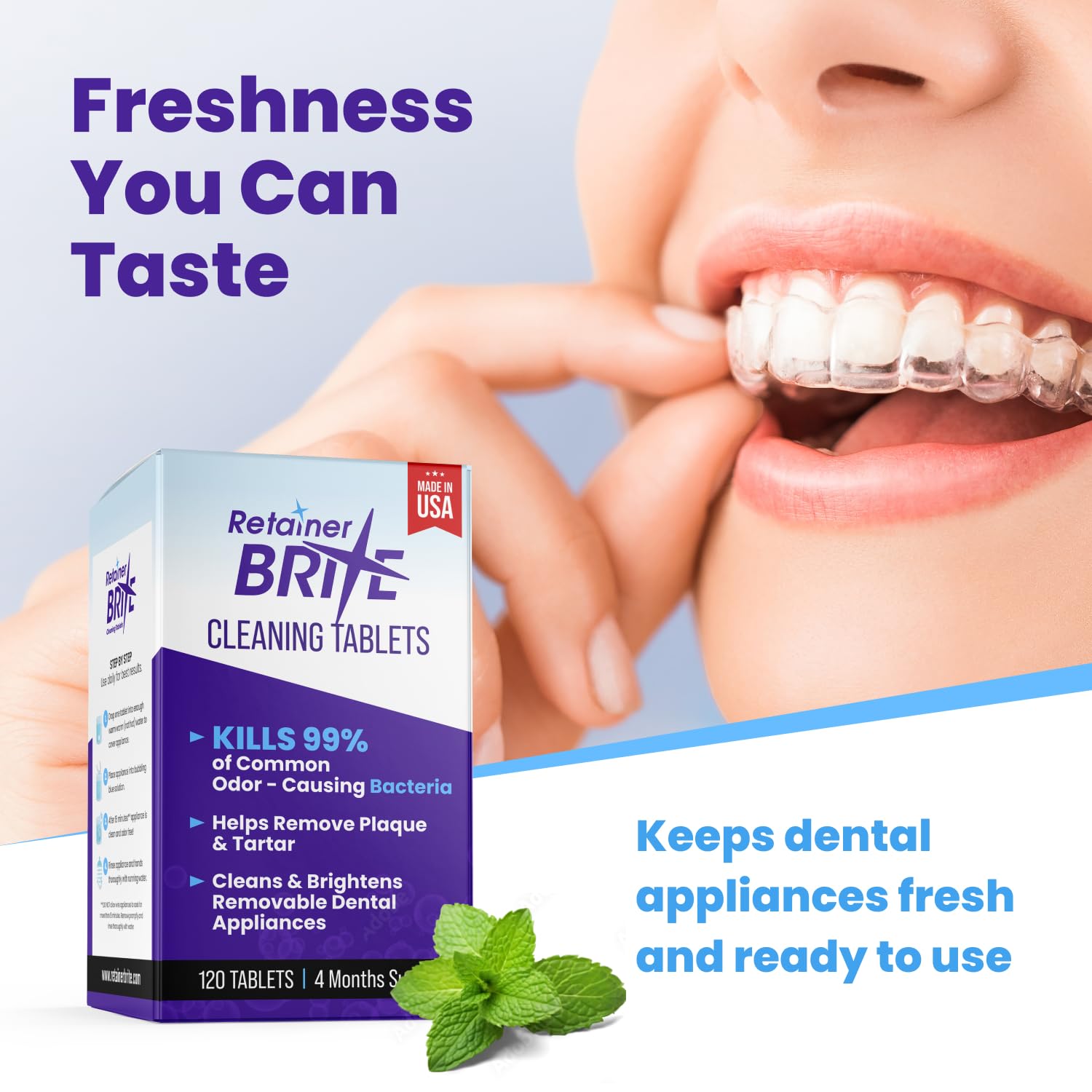 Retainer Brite instrucciones y tabletas destacando uso diario sencillo