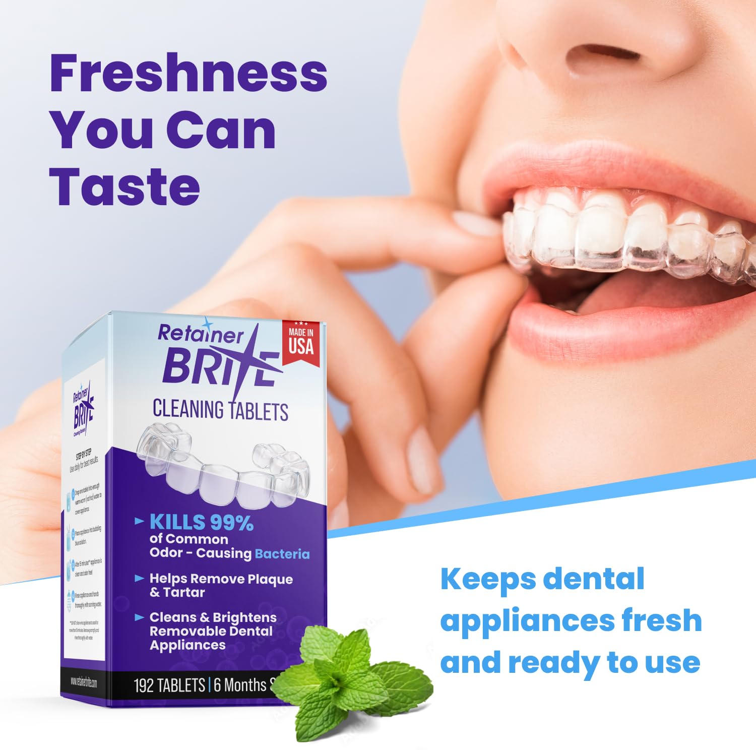 Retainer Brite packaging abierto con tabletas, suministro de seis meses