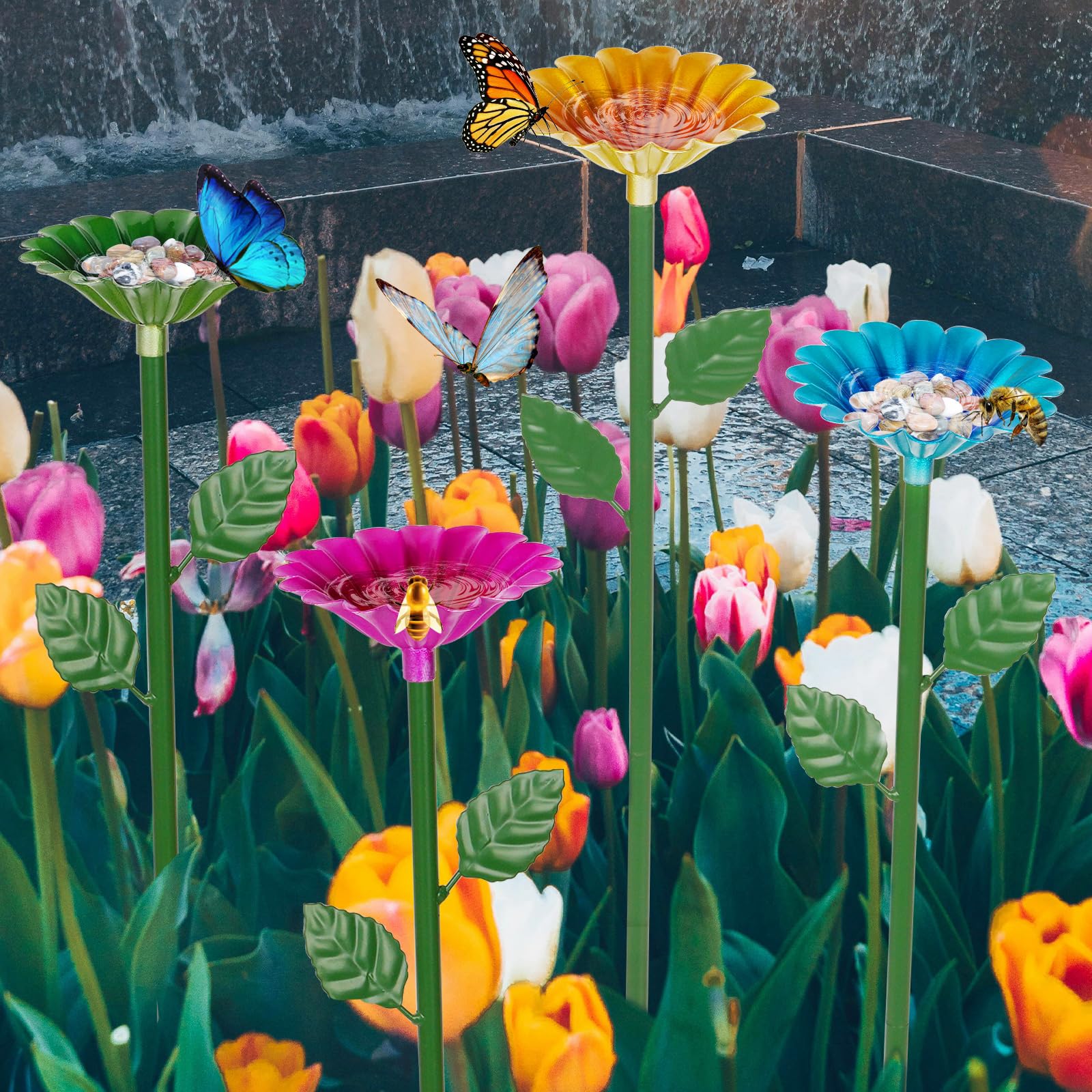 Retyion estación en uso con abeja posada, facilita hidratación segura