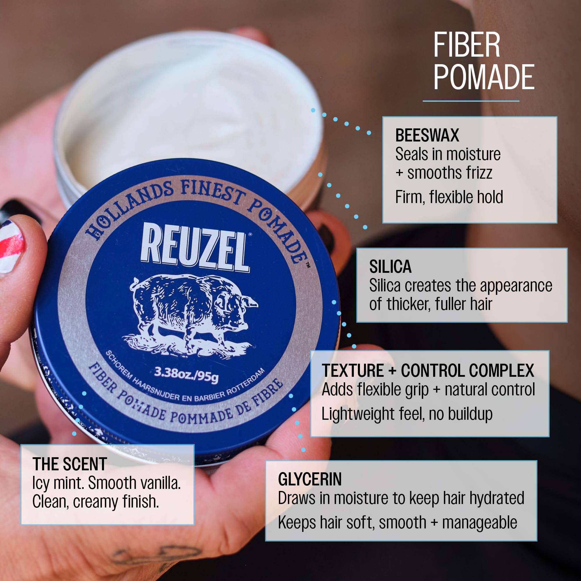 REUZEL etiqueta legible con ingredientes y beneficios claros en el envase
