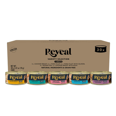 Reveal pack frontal 30 latas que muestra variedad y conveniencia para propietarios