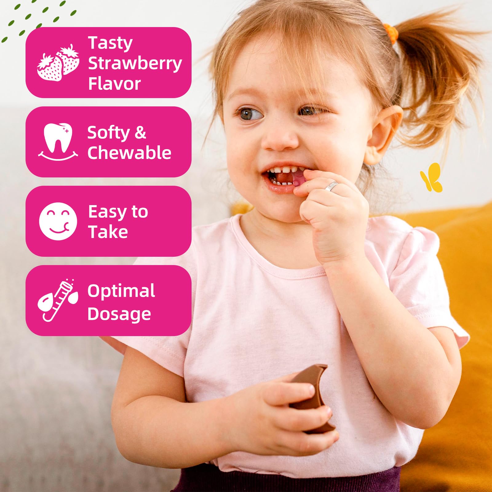 ReviNutra child taking a gummy with caregiver in kitchen illustrating easy daily use