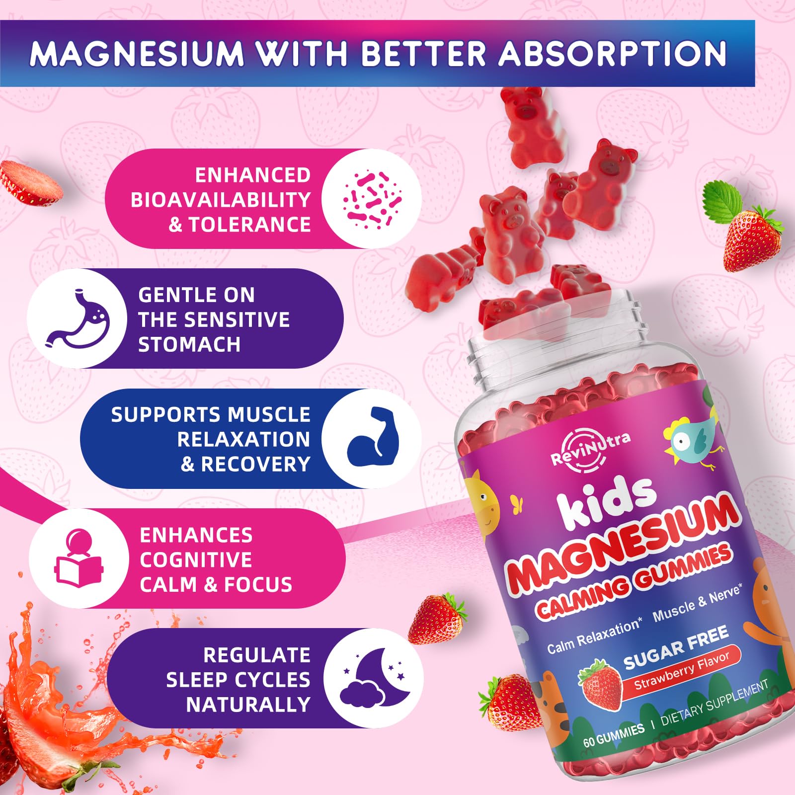 ReviNutra open bottle with gummies spilling out showing serving form and child-friendly chewables