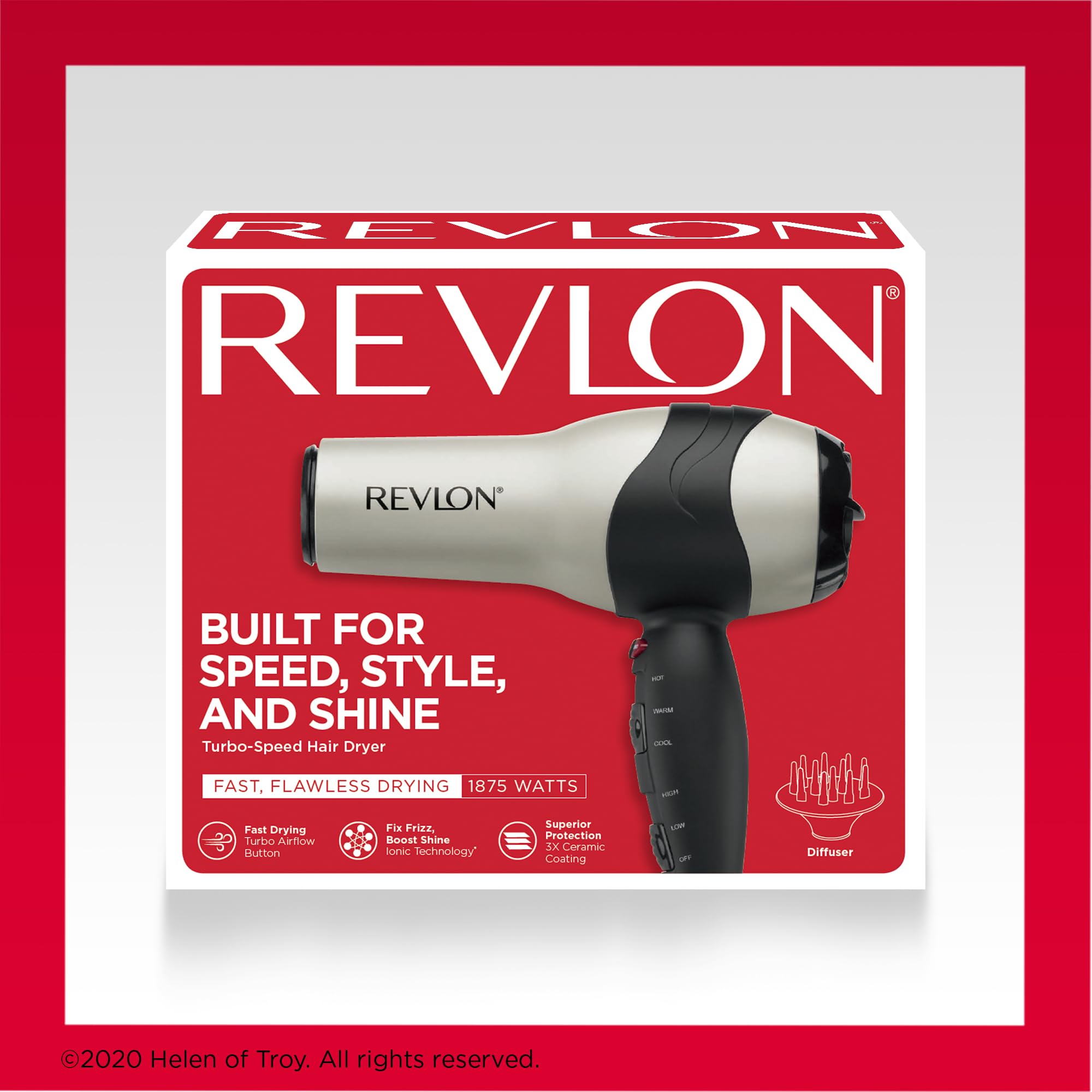 REVLON etiqueta y accesorios que indican potencia y ajustes
