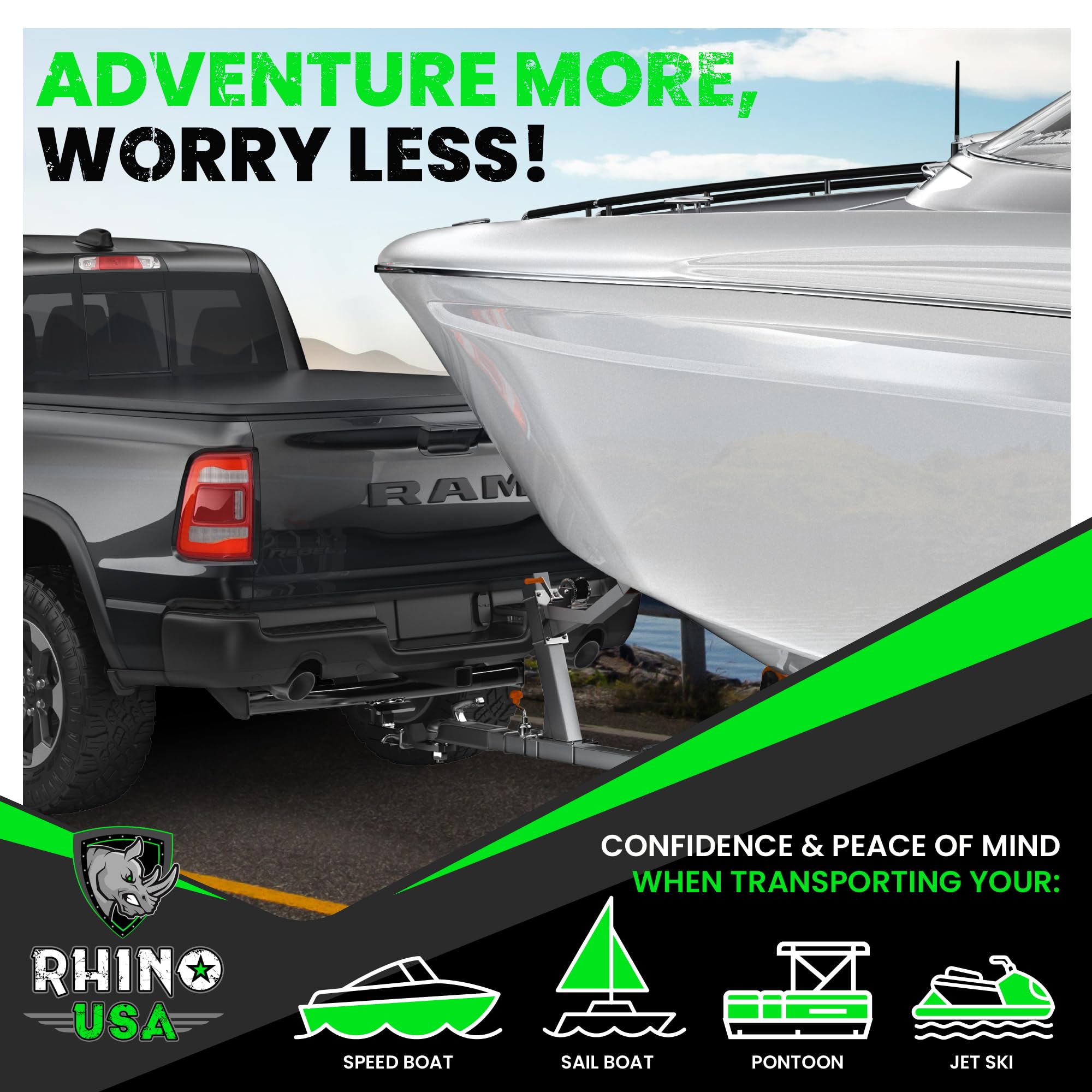 Rhino USA correa junto a regla y mano para comparar tamaño y longitud de 20 pies