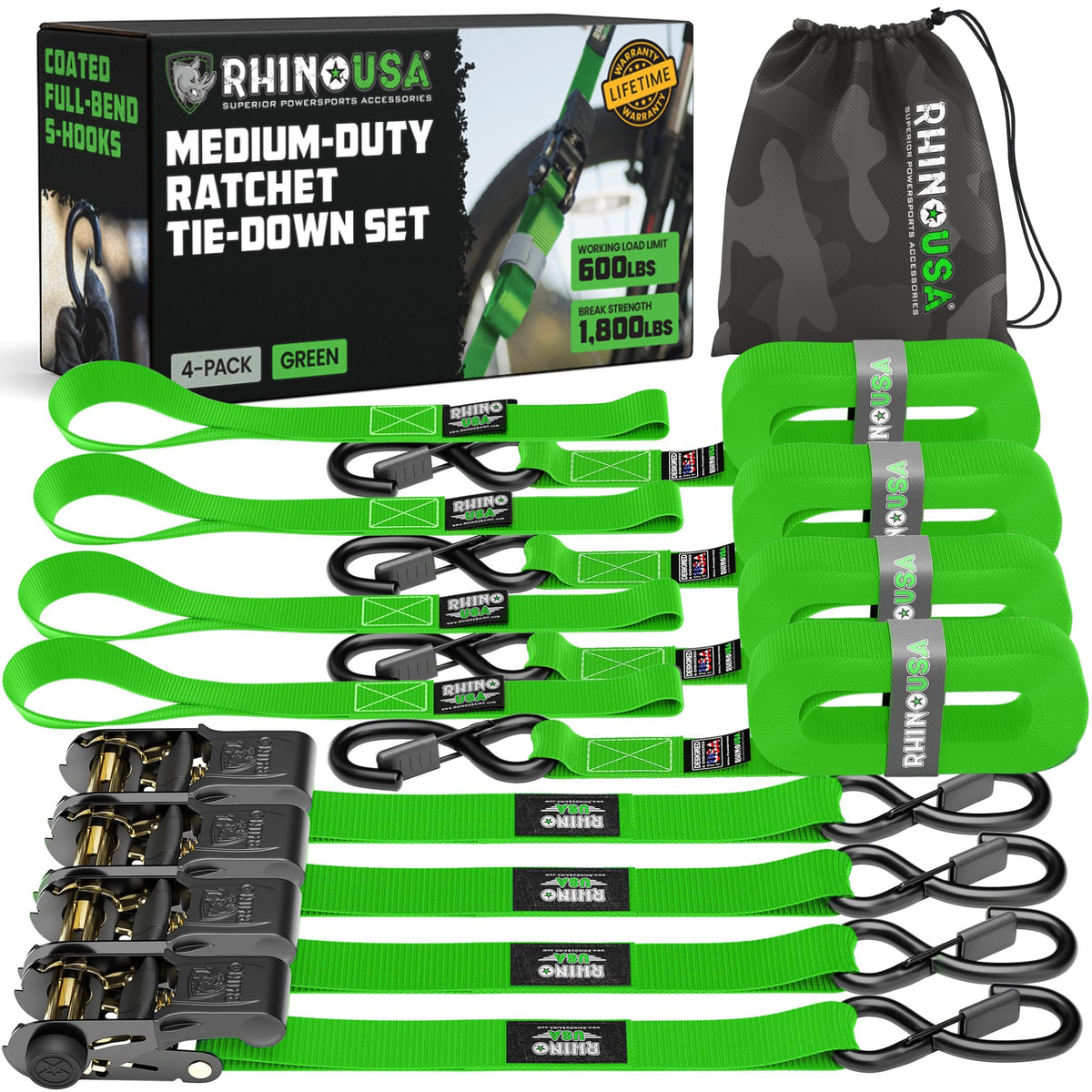 Rhino USA paquete frontal mostrando las cuatro correas y beneficios de durabilidad